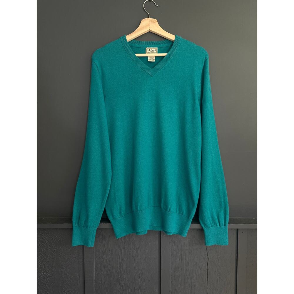 LL Bean V Neck Cotton Cashmere Blend Dark Teal Pullover Sweater Size Medium